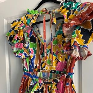 Love the Label NYC V Neck Ruffle Backless Maxi Dress Penelope Print XS